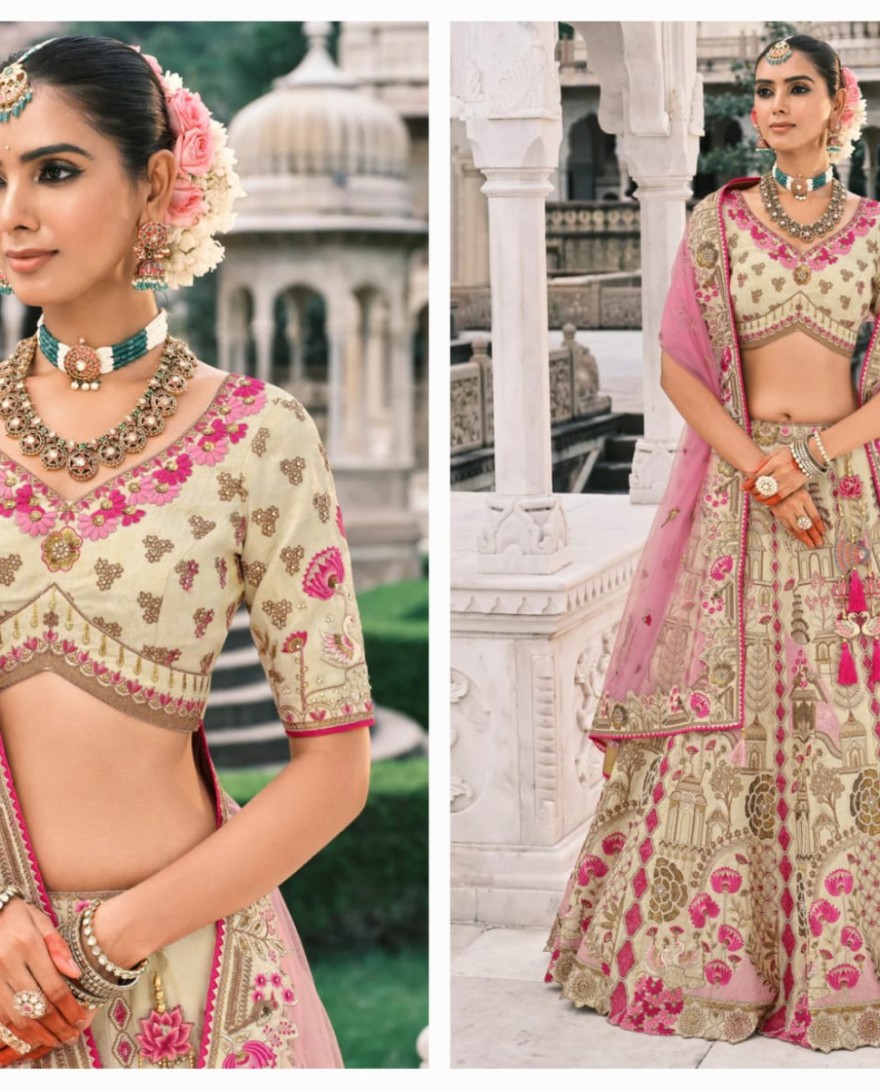 OFFWHITE - Off-White Fancy Silk Lehenga Choli With Cut Work Embroidery Border & Stone Work
